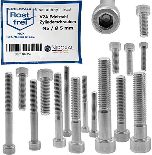 Skruv med cylindriskt huvud av rostfritt stål V2A, M5 (= 5 mm), 16 mm skruvlängd, 100 stycken, 16 mm helgänga, insexskruv, cylinderskruv, M5 x 16