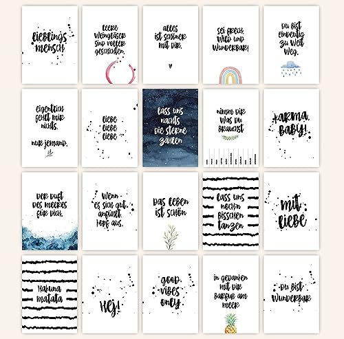 HEJ.CREATION Set mit 20 Postkarten ● Grußkarten mit Sprüchen und Zitaten zum Thema Freundschaft und Leben ● Postkartenset als Geschenk für Freunde Freundin Lebensliebe