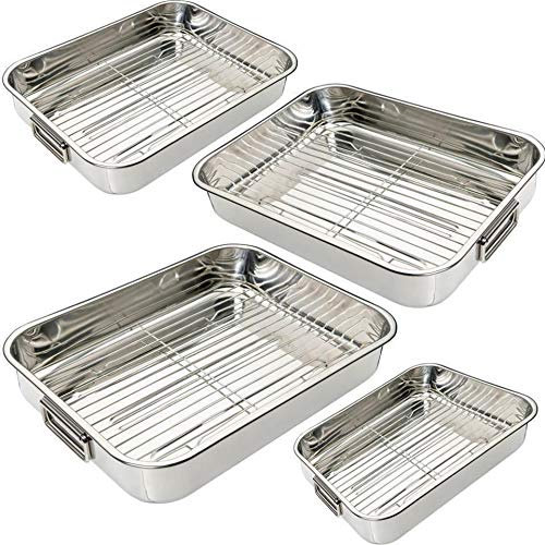 Stainless Steel Roasting Trays Oven Pan Dish Meat Baking Roaster Tin Tray Removable Grill Rack Foldable Handles Easy to Use (Medium: 33 x 23.5 x 6cm)