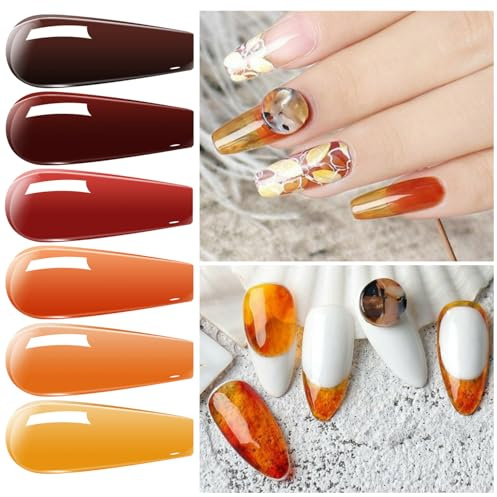 Vishine Amber Jelly Crystal Gel Nail Polish Collection, Translucent Tortoise Shell Nails Red Coral Burnt Orange Grey Amber Brown 6 Colors Soak Off UV LED Nail Art Kit 8ml