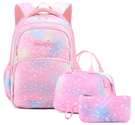 Tanou Mädchen 3PCS Herz Druck Schulrucksack Mädchen Set, Grundschule Kinder Büchertasche mit Mittagessen Tasche Bleistift Box, 3 in 1 Leichte Schultasche, Rosa Liebe