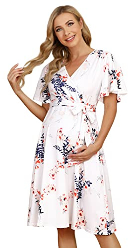 KOJOOIN Mammaklänning för kvinnor, amningsklänningar, graviditetsklänning, amningsklänning, 3/4-ärm, A-linje V-ringad klänning, Floral-a, XL