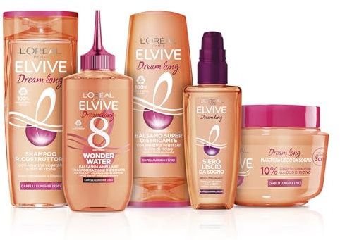 L’Oréal Paris Elvive Routine Completa Dream Long, Kit con Shampoo + Balsamo + Wonder Water + Maschera + Siero Termoprotettore, per Capelli Lunghi, Lisci e Danneggiati, Con Keratina Vegetale