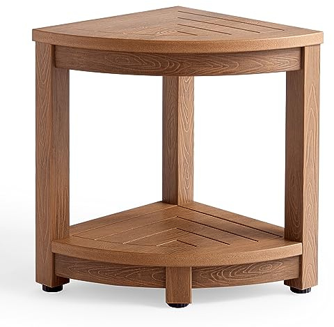 KaimuBench Corner Shower Stool for Shaving Leg, Waterproof Bathroom Shower Bench Seat for Inside Shower, Poly Lumber Plastic Shower Chair Seat, Shower Foot Rest with Adjustable Feet, Non-Slip, Brown