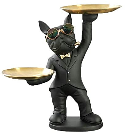 BAOJULONG Entzückende französische Bulldogge Statue mit Tablett, Bulldogge Figur Deko Hund Skulptur, Französische Bulldogge Dekofigur Ornamente für Wohnzimmer Tischdekoration Wohnkultur Geschenke