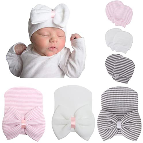 DRESHOW Neugeborene Baby Mütze Fäustlinge Krankenhaus Hut Beanie Säuglingshüte mit Schleife Baby Handschuhe for 0-3 Monate