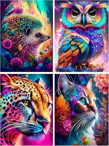 BEAYIOU 4 Pack 5D Diamond Painting Kits for Adults, Animal Diamond Art Kits, Cat Full Drill Diamond Dots Paint with Diamonds Hedgehog Owl Pictures Arts and Crafts for Adults Beginner Kids 11.8x15.7