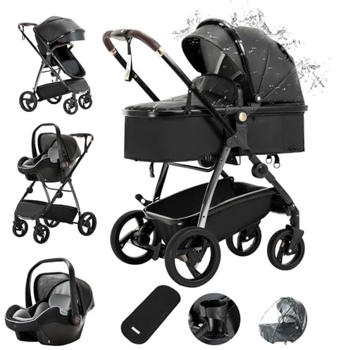 Gcarebb 3-in-1-Kinderwagen aus PU-Leder, Stadtkinderwagen mit Autositz, tragbarer Ein-Klick-Klappstock-Kinderwagen, Landschafts-Kinderwagen, hoher Aluminiumrahmen in Schwarz