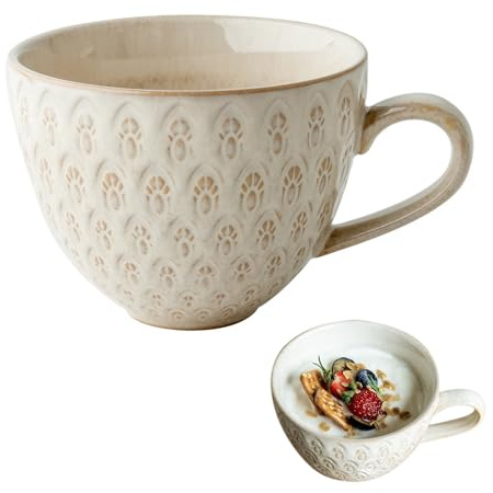 IGTOPS kaffekopp stor kopp, 500 ml stor soppskål med handtag, flingskål, keramik tekopp, frukostskål, müsli, soppa, mjölk, te, födelsedagspresent cappuccinokopp (beige prägling)