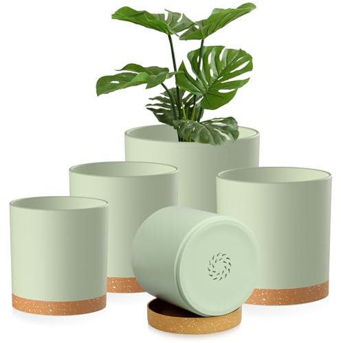 Homeuouz 5 Packs Blumentopf mit Untersetzer, 17.8/15.2/14/12.7/10.2cm Pflanzentopf, Plastik Übertopf, Hydrokultur Topf, Blumentöpfe Set Ideal für Innen und Balkongärten, Grün mit braunes Tablett