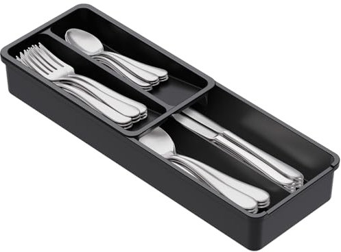 Lifewit Range-couverts amovible - 42 x 14,5 x 6 cm - Pour tiroirs - 4 compartiments - Panier à couverts - Tiroir pour cuillères, fourchettes, couteaux, noir