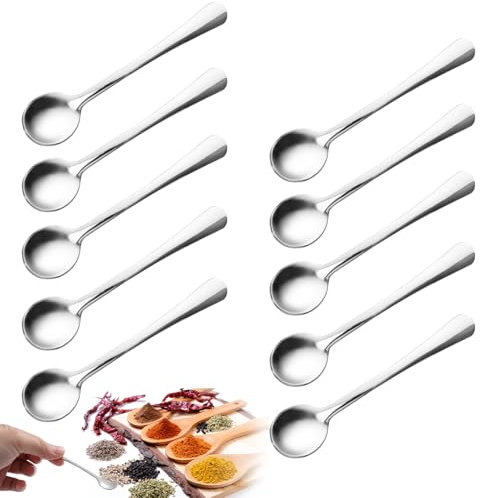 10 Pcs Mini Cuillères en Acier Inoxydable pour Pots à Èpices, 7,4 x 1,5cm Petite Condiments Cuillere pour Sel, Sucre, Poivre, Miel, Café (Argent)