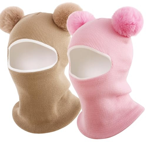 Exemaba Toddler Winter Hat Fleece Lined Scarf Set- 2pcs Kids Balaclava Hat Cute Pompom Warm Baby Earflap Beanies for 1-5y(Khaki & Pink)