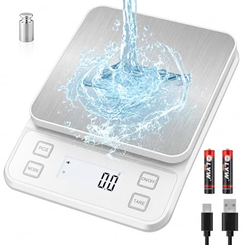 Diyife IP67 vattentät köksvåg, 0,1 g/10 kg, hög precision, kök, laddas upp | 10 enheter, tara, inställbar automatisk avstängning, LCD-display, stumknapp, räkningsfunktion, vit