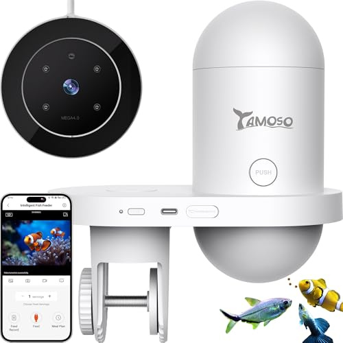YAMOSO Comedero Automático Peces WiFi Smart, Cámara 2.5K, App 2.4/5G, Dosis 0,2g Cuidado Vacaciones, Depósito 230ML Anti-Vaho, Temporizador, Notificación, Acuario Marino, Agua Dulce y Tortugas
