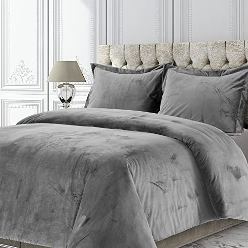 Tribeca Living VENICEDUVETKIGR Venice Velvet Oversized Solid Duvet Set, King, Smoke Grey