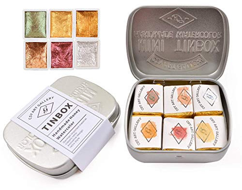 Csy Art Supplies Handmade Watercolours Paint Set - 6 Metallic Colors Half Pans Glitter Solid Water Colour- Metal Case Sparkle Pearlescent Watercolor For Artists, Students & Hobbyists