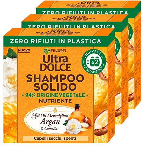 3 x Garnier ultra-süßes Shampoo mit nährenden Ölen Argan- und Kamelie mit Inhaltsstoffen natürlichen Ursprungs für trockenes und stumpfes Haar - 3 feste Shampoos à 60 g