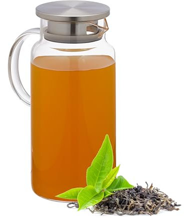 Relaxdays Carafe en Verre, avec Couvercle, Eau, jus, sirop, Lavable au Lave-Vaisselle, cruche,1,3 L; Transparent/argenté