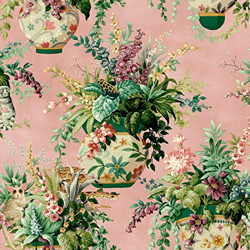 Holden Decor Floral Vase Wallpaper - Modern Wallpaper for Living Room, Bedroom, Fireplace - Decorative Luxury Wall Paper with Blossoming Flowers & Wildlife, Pink and Green