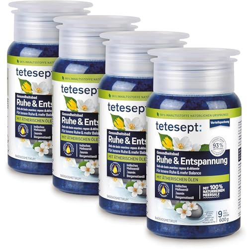 tetesept Meersalz Ruhe & Entspannung – 4 x 600 g – Gesundheitsbad für ein Gefühl innerer Ruhe mit ätherischen Ölen – Wohltuender Badezusatz mit natürlichem Meersalz