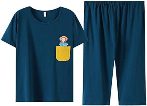 Sommardamer lägger till gödselmedel för att öka bomullen lös pyjamas och hemservicedräkter, mörkblå, 5XL