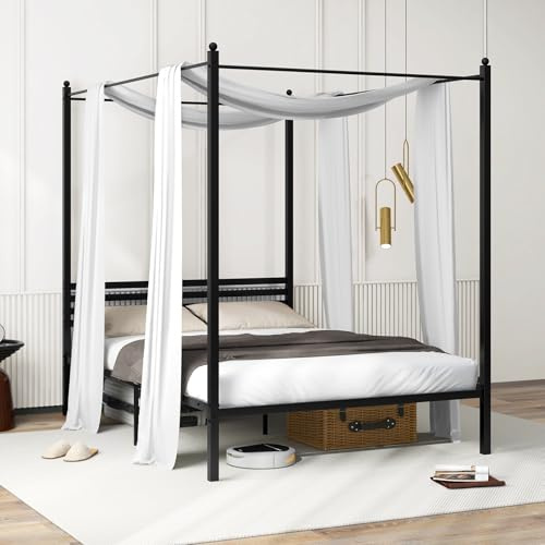 LIFEZEAL Cama con Dosel 140 x 200 cm, Marco de Cama de Metal, Cama Doble Moderna con somier de Metal, e structura de Cama con cabecero para Dormitorio, habitación de Invitados