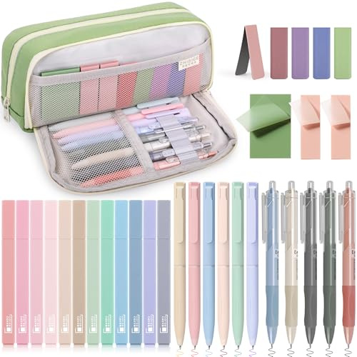 COZCLAM 32pcs Set Cancelleria Aesthetic con Verde Astuccio, 12 Evidenziatori Pastello, 6 Penne Colori, 5 Penne Nero, 5 Segnalibri Magnetici, 3 Note Adesive, Set Scuola Cancelleria Materiale Scolastico