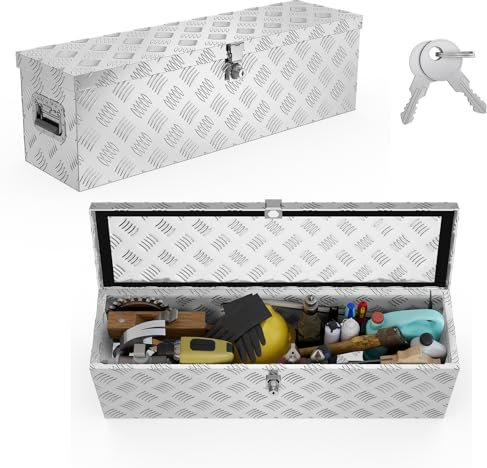 UISEBRT Aluminium Werkzeugbox mit Schloss, Alubox Transportbox 800x220x225 mm, robuste Alu Kiste für Werkzeuge, Anhängerbox, wasserdichte Aufbewahrungsbox mit 2 Schlüsseln (Silber)