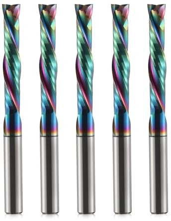 Trvoxviq Lot de 5 fraises pour travail du bois, revêtement DLC, UP/Down Cut 2 flûtes, en carbure hélicoïdal, outil de fraisage CNC, fraise à compression, embouts de coupe en bois, tige de 4 mm