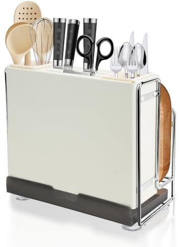 HMIEPRS Grande Porta Coltelli Cucina, Ceppo Coltelli Vuoto con Supporto per Tavole da Taglio, Ceppo Portacoltelli Doppio Lato Magnetico, Supporto Coltelli in Acciaio Inox per Utensili (Bianco)