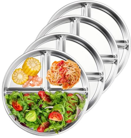 LCUHAVA Assiette Inox, 4 PCS Assiettes Divisées en Acier Inoxydable 23 cm, Assiette en Acier Inoxydable avec Compartiments, Antidérapant, Pour Adultes Camping DîNer