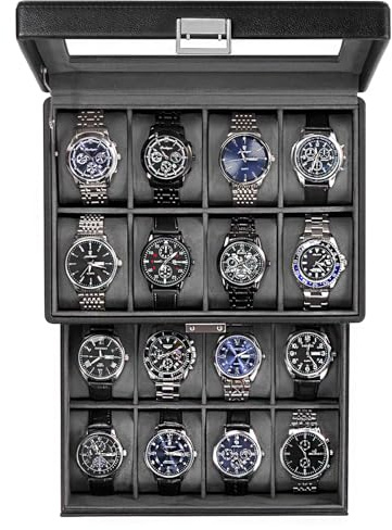 ProCase 16 Slot Scatola Orologio per Gli Uomini, Gioielli Organizzatore Scatola con Cassetto, Mostra Custodia con Coperchio di Vetro -Nero