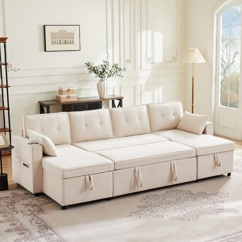 Merax Canapé d'angle avec fonction lit, canapé convertible avec tiroir de rangement et espace de stockage extra large, forme U - Canapé pour salon/chambre à coucher, grand canapé, Beige