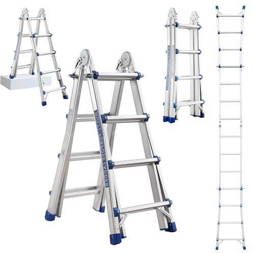 STANEW Escalera Telescópica Articulada de Aluminio, 4M Escalera Plegable Telescópica Articulada 4x4 Peldaños, Escalera Articulada Plegable Telescópica Multifunción Aluminio Carga máxima 150 kg