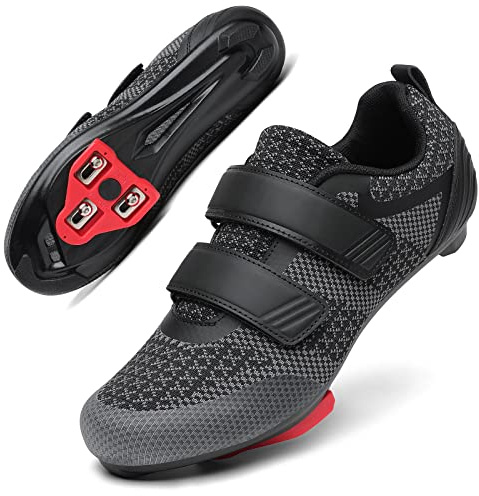 Unisex Road Bike Cycling Shoes Compatible with Peloton Shimano SPD Bike Riding Shoes for Men Women, 3 Straps, Pre-Installed Delta Cleats for Indoor Outdoor Cycling Biking Size 6 (Black-Two)