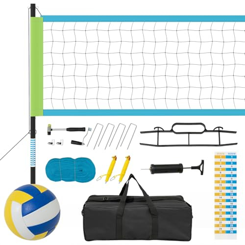 GOPLUS Red de Voleibol Ajustable en Altura, Kit Completo de Voleibol con Postes Metálicos, Balón, Bolsa de Transporte, Red de Vóleibol Profesional para Playa, 9,75 m x 0,9 m (Azul + Verde)