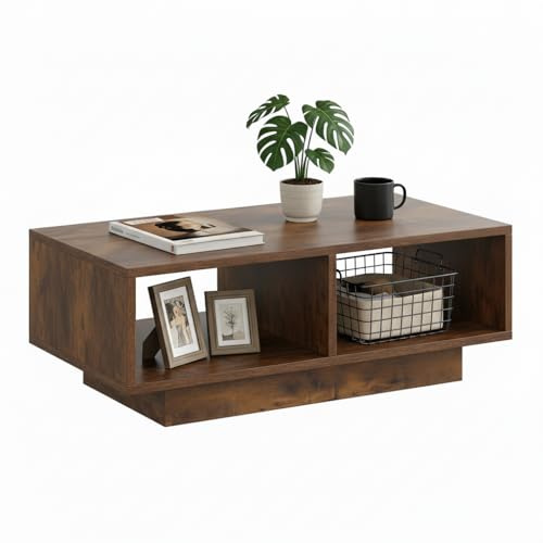 Showha Tavolino da caffè in effetto legno vintage, nero, tavolino da tè rettangolare moderno ed elegante per soggiorno, con 2 scomparti aperti, tavolino rettangolare per divano, per