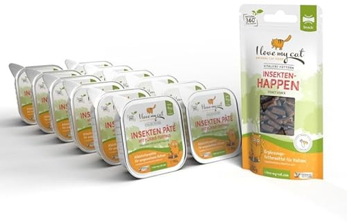 I Love My Cat Set – Paté d'insectes avec Garniture de Citrouille (12 x 150 g) + collation aux Insectes (50 g) | Nourriture Humide hypoallergénique et collations pour Chats sensibles à la Nutrition |