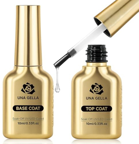 UNA GELLA Top Coat et Base Coat Gel UV, Kit Vernis Semi Permanent No Wipe, Finition Ultra Brillante, Base Adhérente Sans Acide, Renforce les Ongles, Soak Off, Manucure Professionnelle, 2PCS