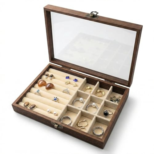 CT SUN Small Wooden Ring & Earring Organizer Box Case, Display Case with HD Glass Lid, Velvet Lining, Organizer for Women Rings Earrings Bracelets Brooches, Compact Size Jewelry Box for traveling
