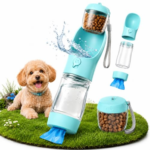 Botella para perros 3 en 1, 350 ml botella de agua para perros con compartimento para alimentos de 100 g y dispensador de bolsas de excrementos, botella de agua para perros con cuenco, botella para