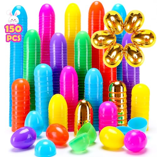 YEAHBEER 150 Easter Eggs, 2.36 Bright Colors Plastic Easter Eggs Empty Include 6 Golden Eggs for Easter Hunt,Filling Treats, Basket Stuffers, Party Favor (150 Pack)