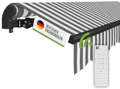 empasa Elektrische Gelenkarmmarkise 'Start Plus' Markise Sonnenmarkise Sonnenschutz, komplett vormontiert, Verschiedene Größen und Farben, Farbe:weiß/anthrazit gestreift, Größe:250 x 200
