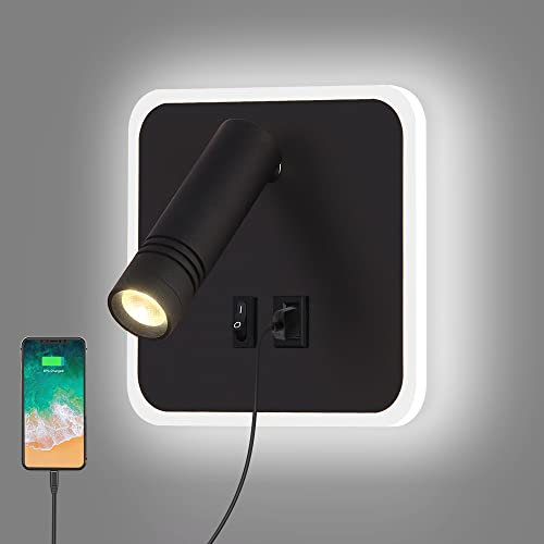 ERWEY LED Leselampe Wandmontage, Bettlampe verstellbar 3W 4000K+5W 6000K Wandleuchte Wandlampe mit Schalter und USB-Ladeanschluss für Bett, Schlafzimmer, Schwarz