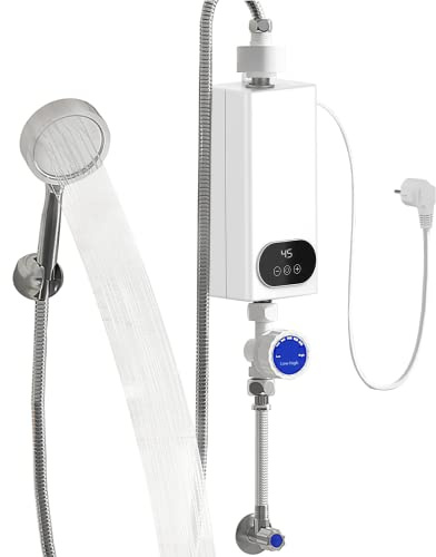 Tankless Elektrisk genomströmningsvärmare, CEIEVER Mini elektrisk varmvattenberedare 220 V 5 500 W, tanklös dusch-varmvattenberedare med LED-display för badrum och kök (5 500 W-7)