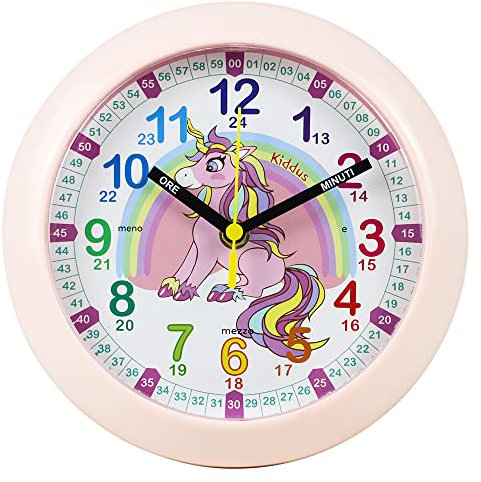 Kiddus Orologio da Parete Didattico per Bambini, Ragazzi. Analogico. Con Esercizi per Imparare a Leggere l’Ora. Movimento al Quarzo Silenzioso.
