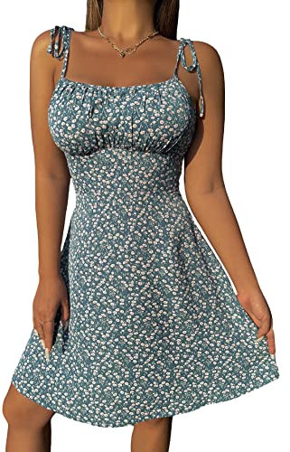GORGLITTER Women's Ditsy Floral Ruched Bust Cami Short Dress Tie Shoulder A Line Summer Mini Dresses Blue L