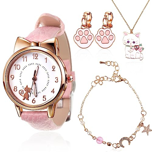 4 Pieces Children Watches Girls Age 5-16, Kids Cat Watch Cartoon Quartz Leather Watches Beaded Charm Chain Bracelets Cute Necklace Kids Cartoon Cat Ear Clip for Birthday Gift