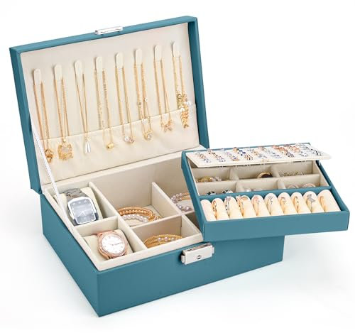 Sofore Schmuckkästchen Mädchen, 2 Etagen Reise Schmuckkästchen schmuckkästchen groß mit 2 Uhrenkissen, PU-Leder Aufbewahrungskoffer für Ohrringe Ringe Halsketten Uhren Armbänder, Grün